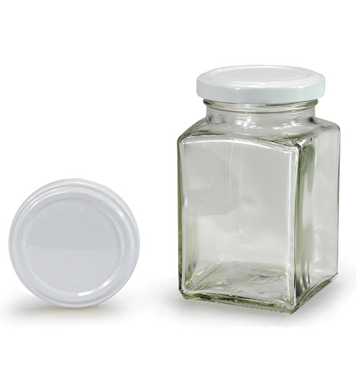 Čtyřhranná sklenice s bílým víčkem 260 ml TO 58, sklenice na med, bílé víčko, balení medu