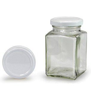 Čtyřhranná sklenice s bílým víčkem 260 ml TO 58, sklenice na med, bílé víčko, balení medu