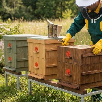 včelař při práci u úlu, zelený kabátec, ochranný oděv pro včelaře